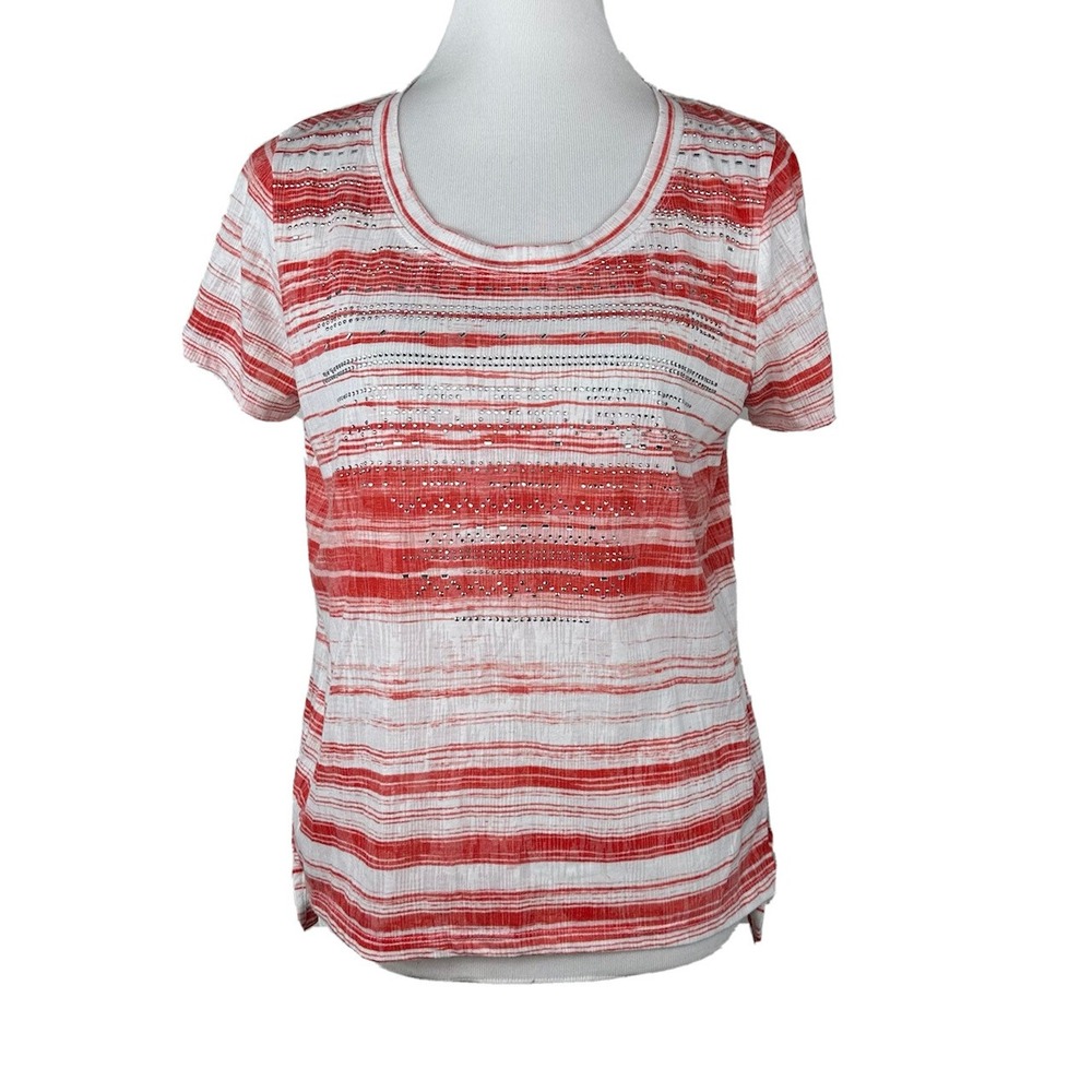 Onque Casual Red Orange White Striped Rhinestone Short Sleeve Top Womens PXL